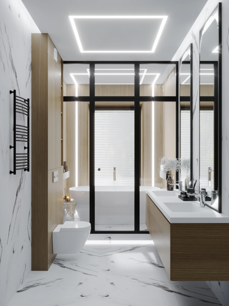 Современный интерьер ванной загородного дома Современный интерьер ванной загородного дома