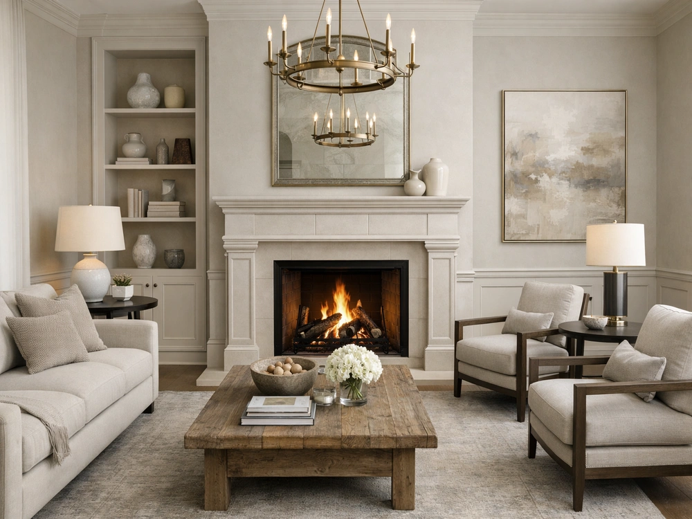 Оформление камина в интерьере современной гостиной Оформление камина в интерьере современной гостиной