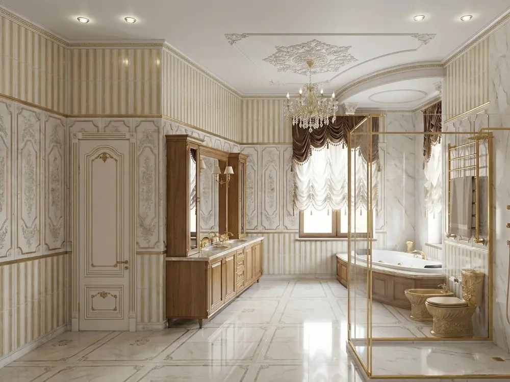 Светлая просторная ванная комната с деревянной тумбой, позолоченной сантехникой, душем и мраморным полом.