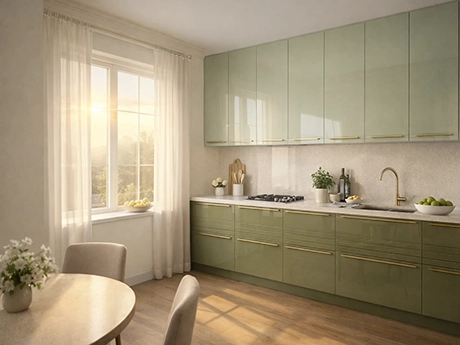 Цветовое решение для кухни с фисташковыми фасадами