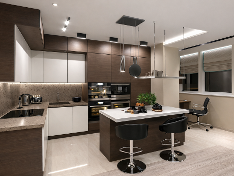 Подбор фасадов кухни к пёстрому полу