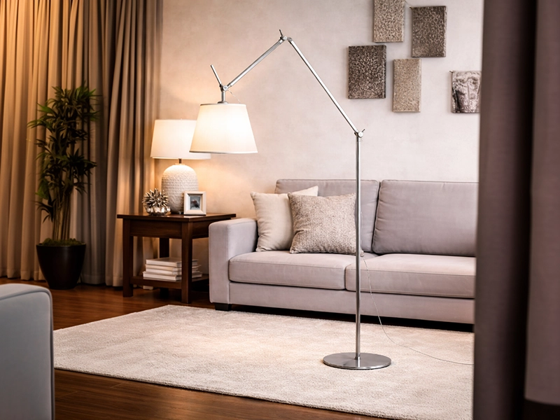 Напольный торшер на гнутой ножке рядом с мягкой мебелью