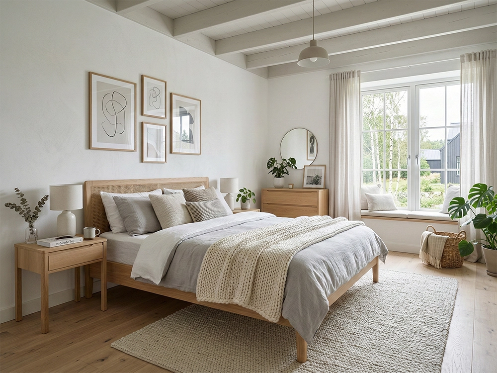 Дубовая кровать, покрытая бельем, прикроватные тумбочки, вместительный комод, круглое зеркало, светлый ковер.