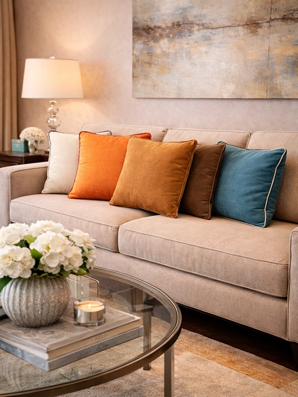 Интерьер гостиной с нейтральным текстилем и декором
