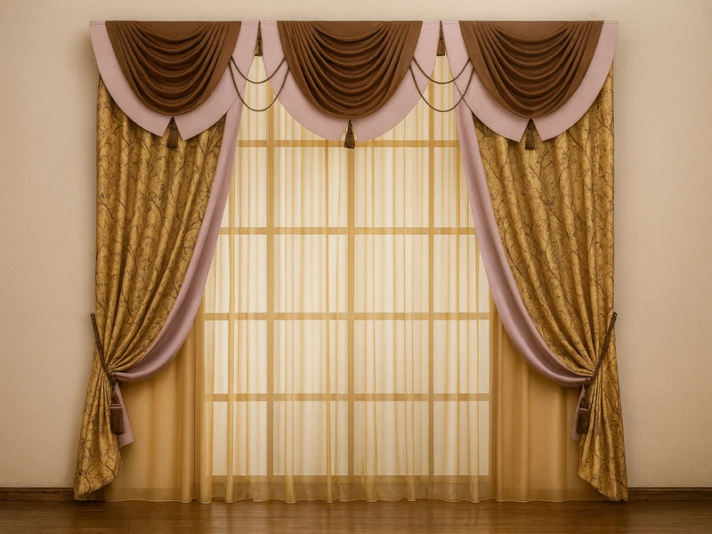 Богатое оформление окна текстилем и роскошная люстра для создания торжественной обстановки