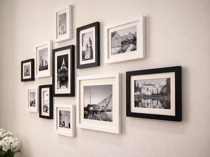 Интерьер гостиной с двухуровневым черно-белым потолком