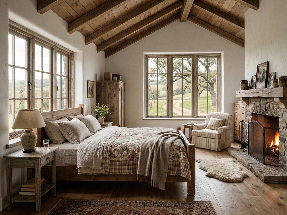 Деревянная кровать с лоскутным одеялом, каменный камин, большие окна, кресло, ковер, потолок