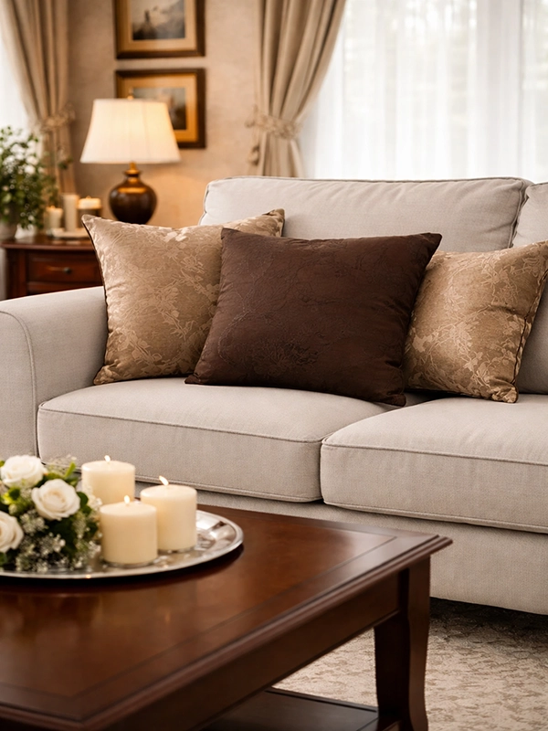 Розовая декоративная подушка на светлом кресле