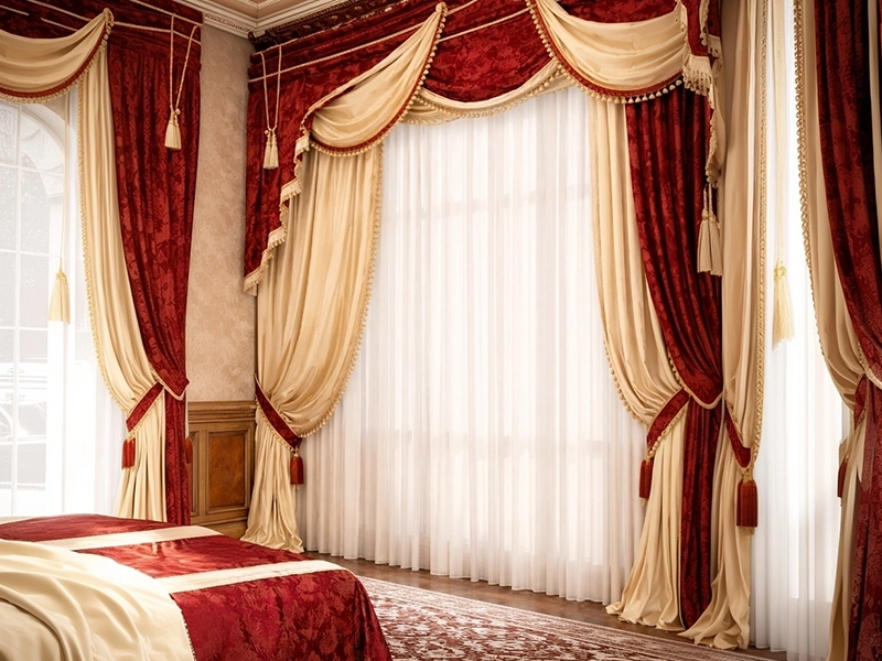 Бордовая декоративная подушка с золотой вышивкой на диване