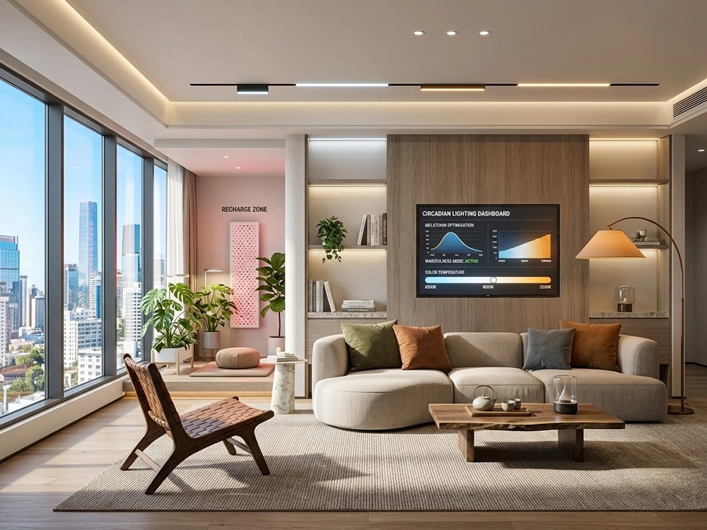 Светлая комната с бежевым диваном, деревянными панелями, телевизором, комнатными растениями, большим окном