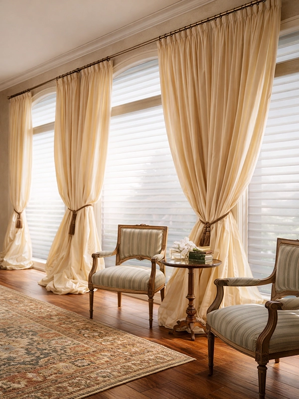 Бежевые портьеры на окне в комнате