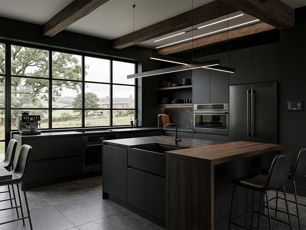 Черный матовый кухонный гарнитур, темный остров, деревянная столешница, высокие барные стулья, окна