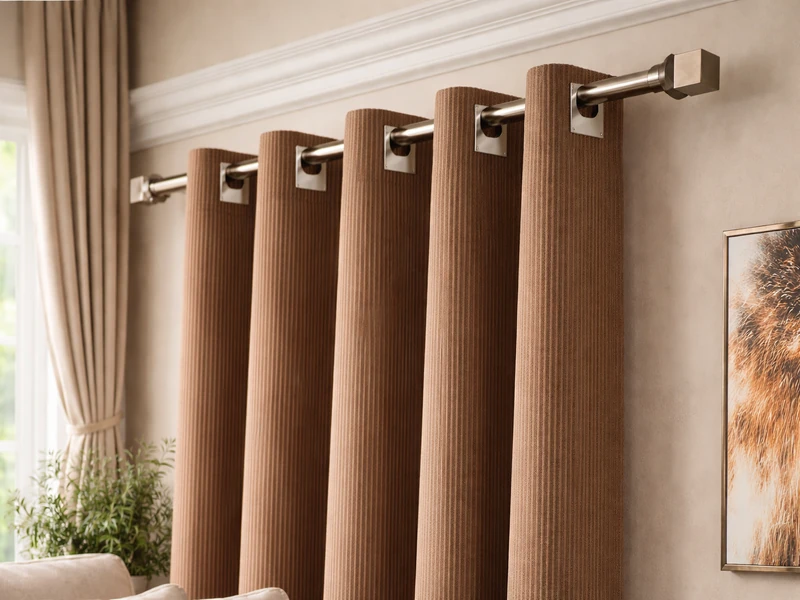 Интерьер гостиной с бежевым диваном и белой стенкой на фоне темно-коричневой акцентной стены