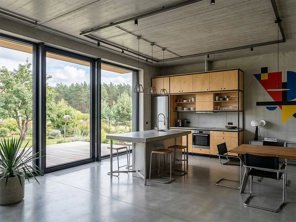 Кухонный гарнитур из светлого дерева, бетонный остров, барные стулья, панорамные окна, абстрактная картина.