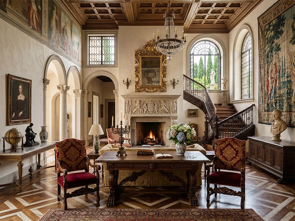 Деревянный потолок, камин с лепниной, гобелен, антикварный стол, красные кресла и арки в гостиной.