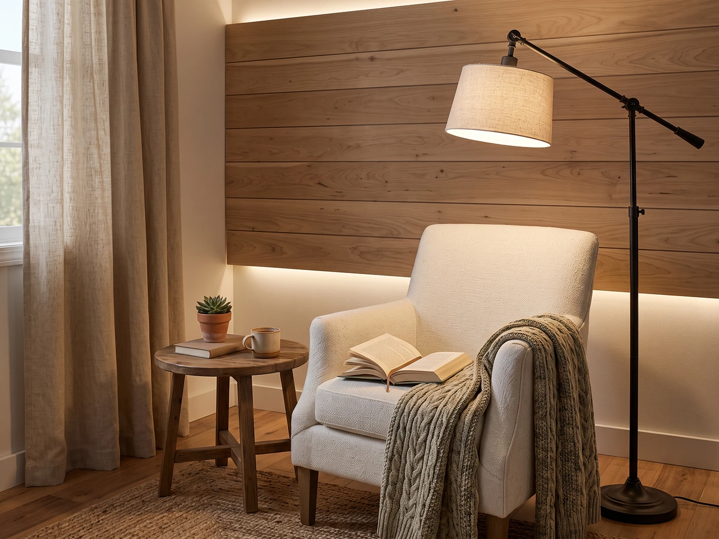 Направленный торшер, настенная подсветка, кресло, журнальный столик, льняные шторы, деревянные панели, книга