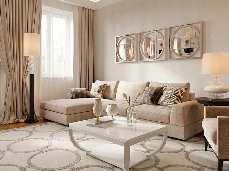 Коллаж с диваном, подушками и цветовой палитрой интерьера