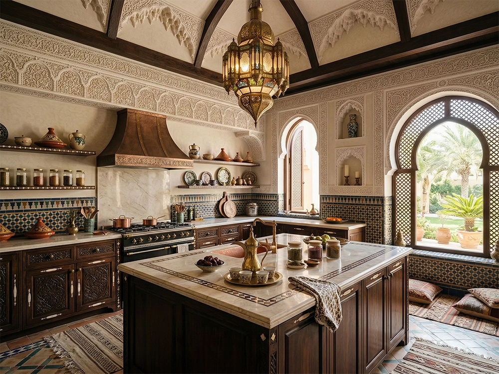 Кухня с деревянными фасадами, мраморным островом, медной вытяжкой и аркой