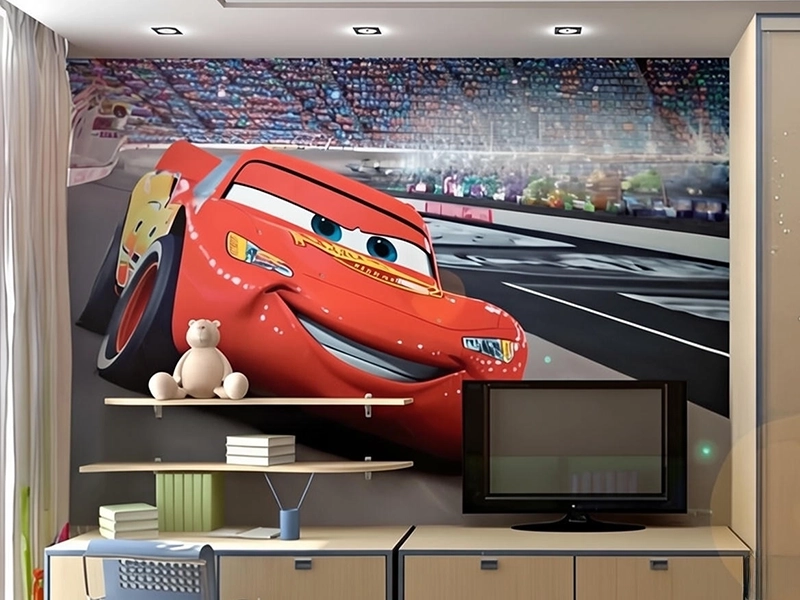 Пример оформления стены в детской комнате с использованием ярких фотообоев с героями мультфильмов