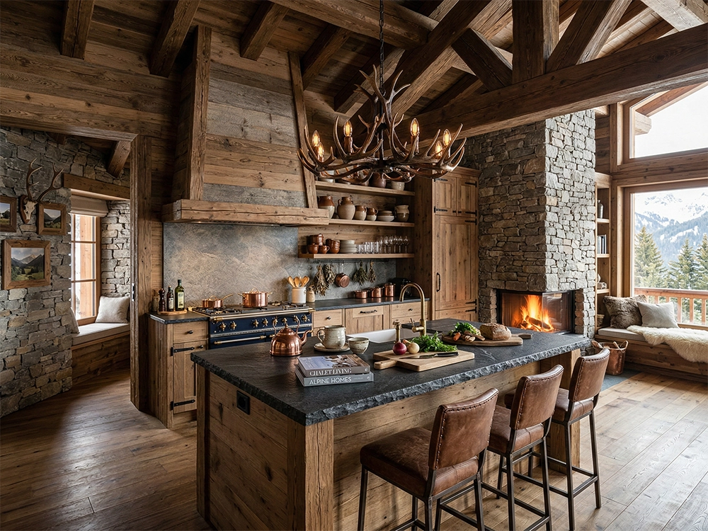 Кухонная зона с деревянными фасадами, темным каменным островом, открытым камином и люстрой из рогов