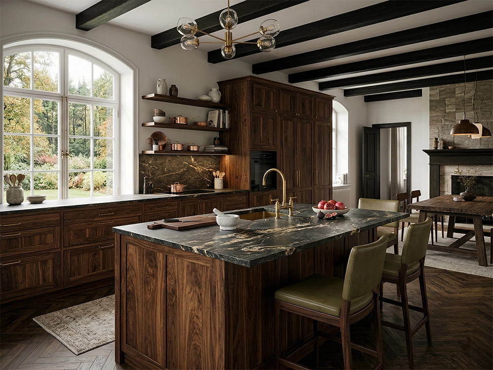 Большая кухня с мебелью из гладкого темного дерева, мраморным кухонным островом и потолочными балками.