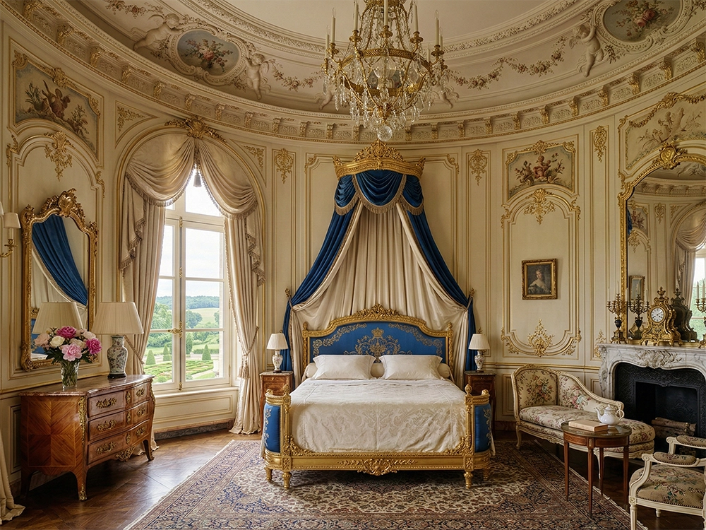 Спальня с двуспальной кроватью, синим балдахином, золотыми рамами, зеркалами и хрустальной люстрой.