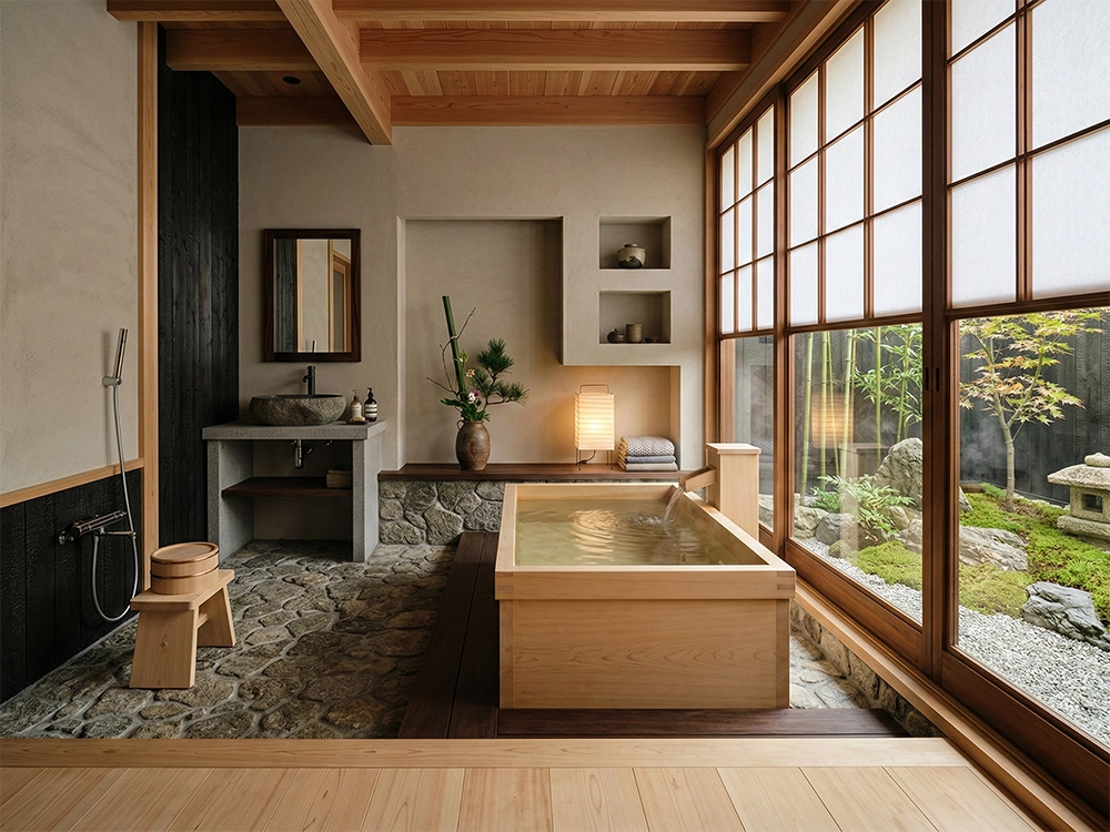 Традиционная прямоугольная деревянная купель на каменном полу перед раздвижными панорамными окнами.