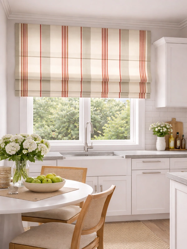 Римская штора с оранжевой каймой на окне