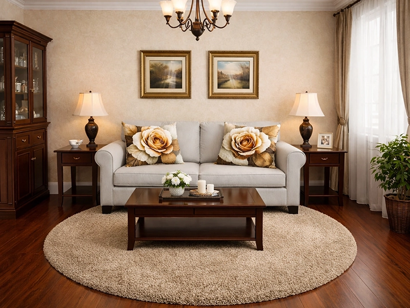 Светлый круглый ковер на полу в жилой комнате