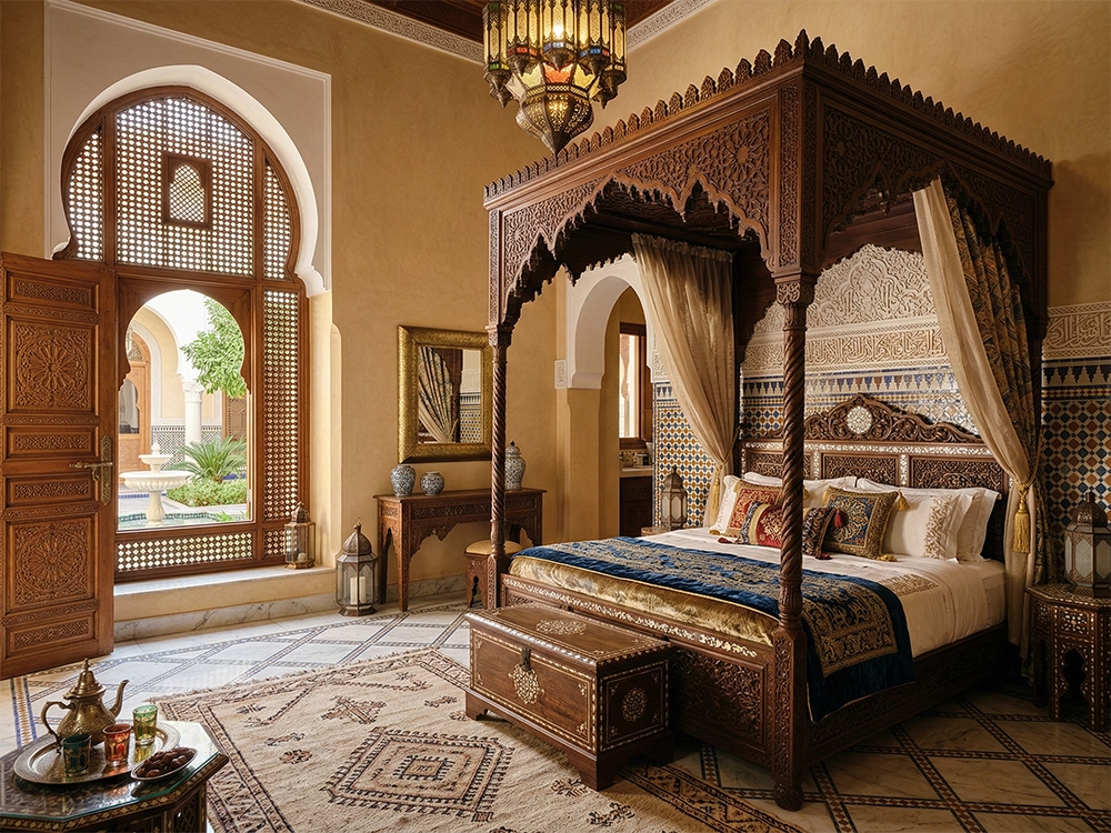 Деревянная кровать с балдахином, синим покрывалом, ковром и резной дверью