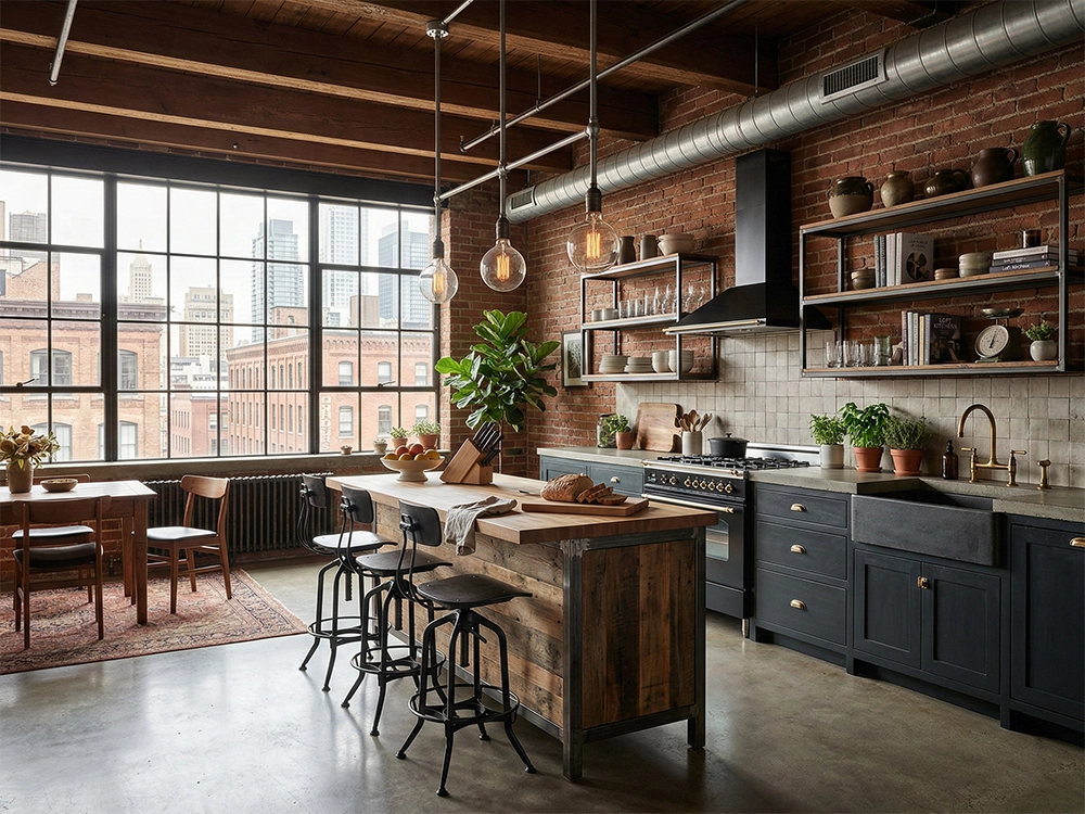 Кухня с кирпичными стенами темным гарнитуром деревянным островом и открытыми полками