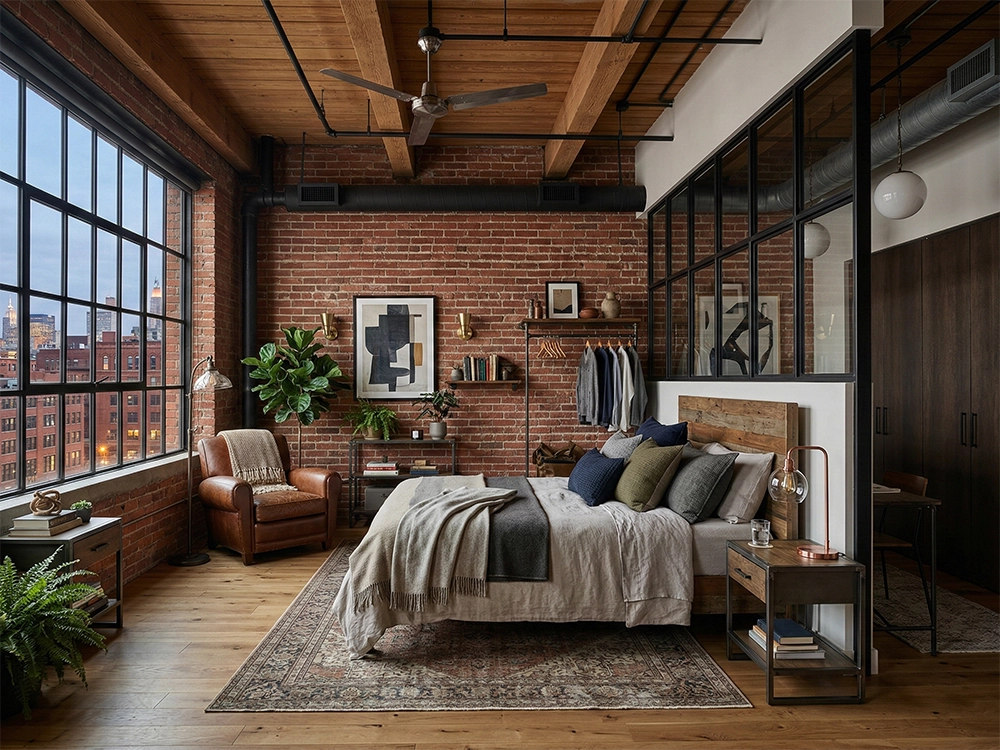 Спальня с кирпичной стеной деревянной кроватью стеклянной перегородкой и кожаным креслом