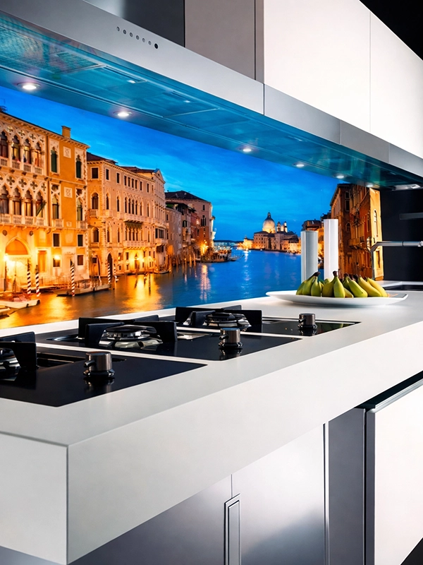 Римские шторы с коричневым кантом на кухонном окне