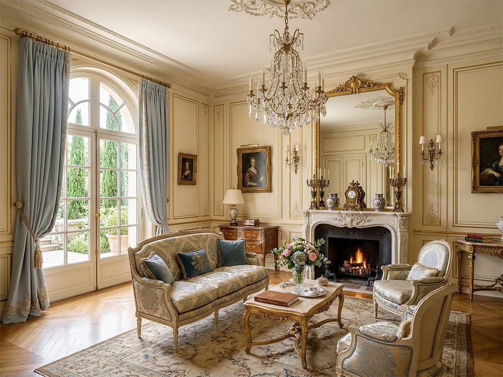 Светлая гостиная с камином диваном креслами хрустальной люстрой и большими арочными окнами