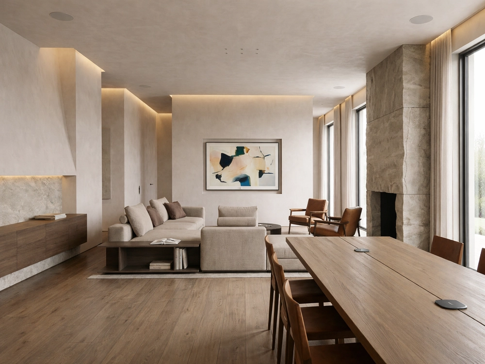 Обеденная зона с деревянным столом, каменная колонна и телевизор на стене