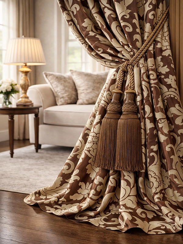 Сочетание бежевой и коричневой тканей с отделкой тесьмой