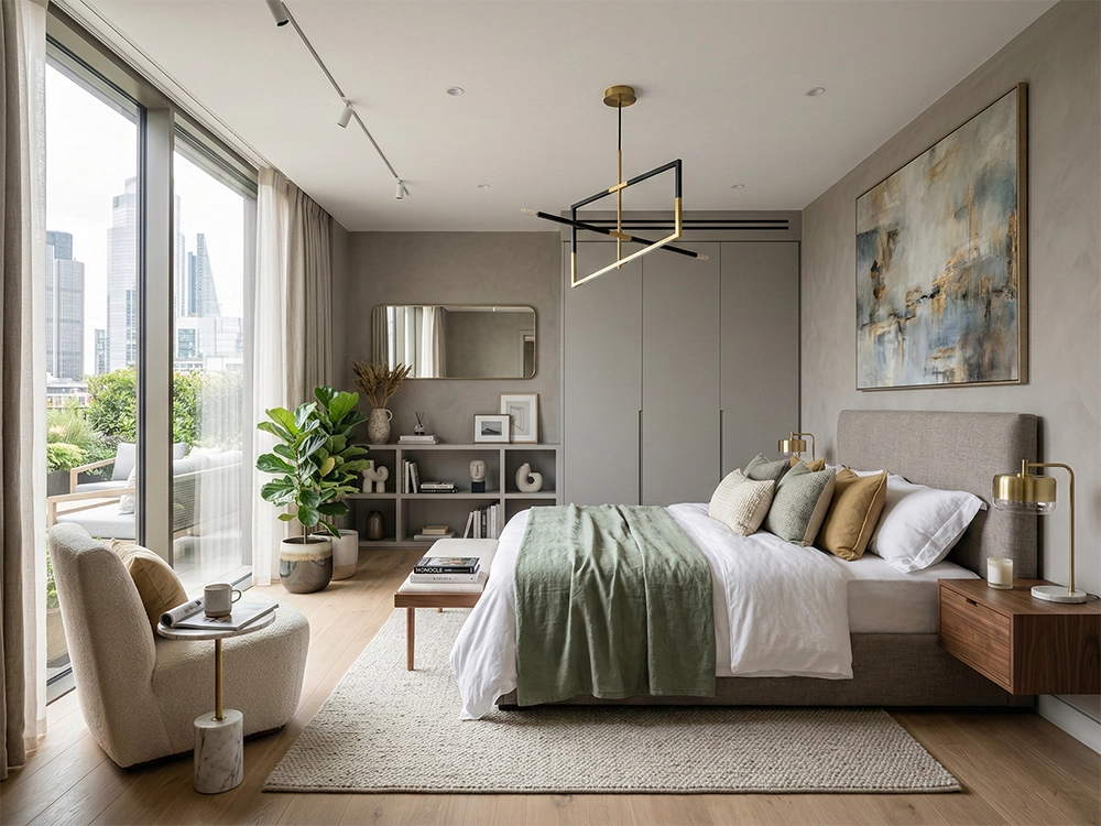 Двуспальная кровать с зеленым пледом, белое пушистое кресло, деревянная тумба, абстрактная картина.