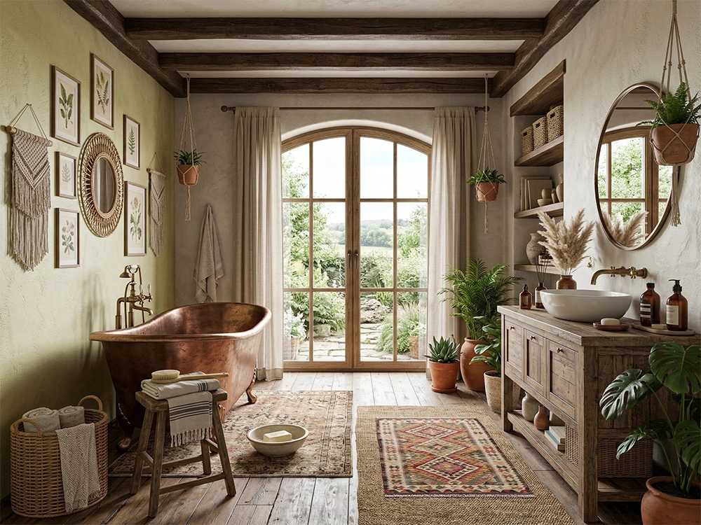 Медная ванна, деревянная тумба с белой раковиной, круглое настенное зеркало, комнатные растения, окно.