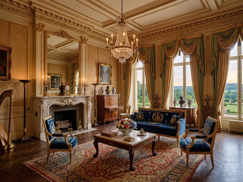 Гостиная с синей мягкой мебелью, камином, арфой, хрустальной люстрой и большими окнами.