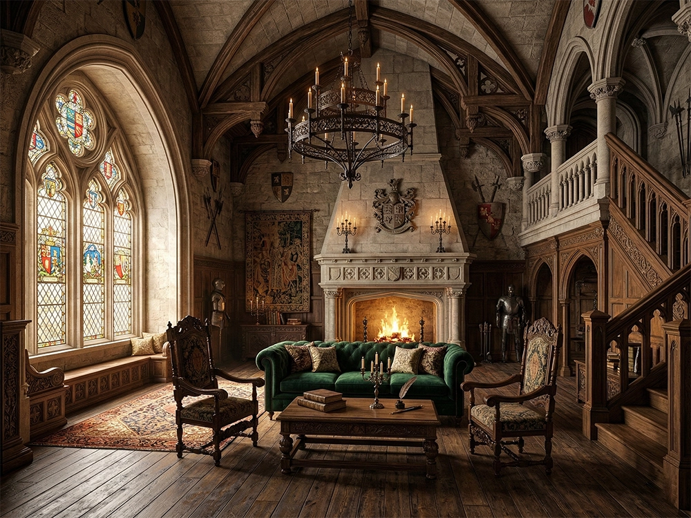 Зеленый диван, кресла, каменный камин, доспехи и витражные окна в комнате