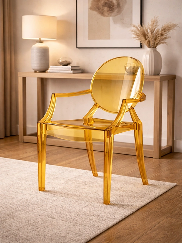 Прозрачные стулья у обеденного стола в современном стиле