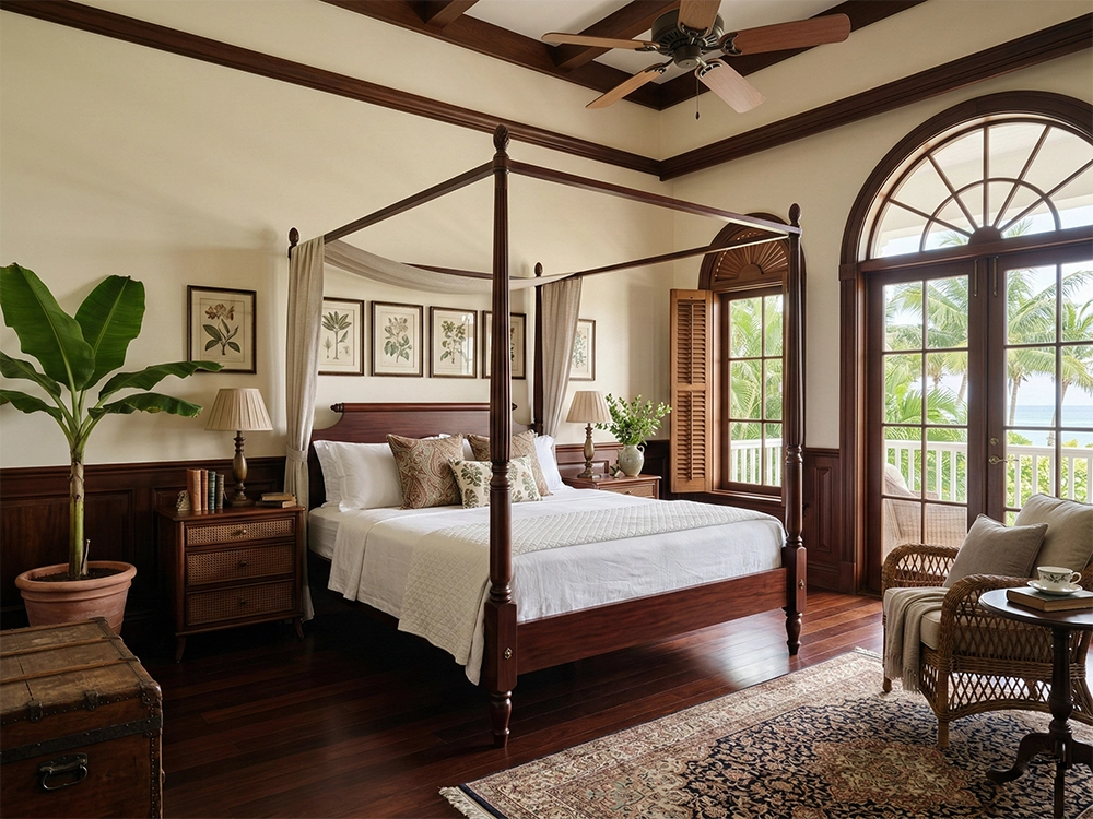 Деревянная кровать с балдахином, белое постельное белье, плетеное кресло и открытые арочные двери.