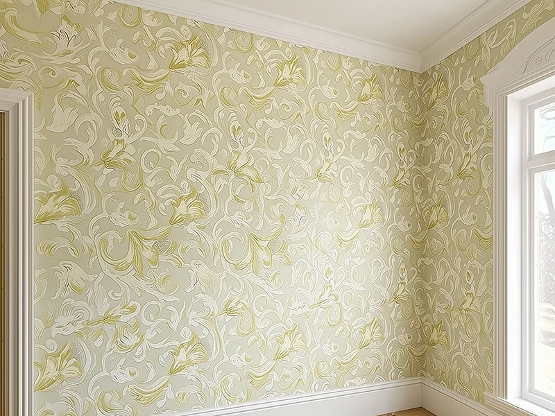 Фрагмент светлых обоев с крупным классическим витиеватым орнаментом бежевого оттенка