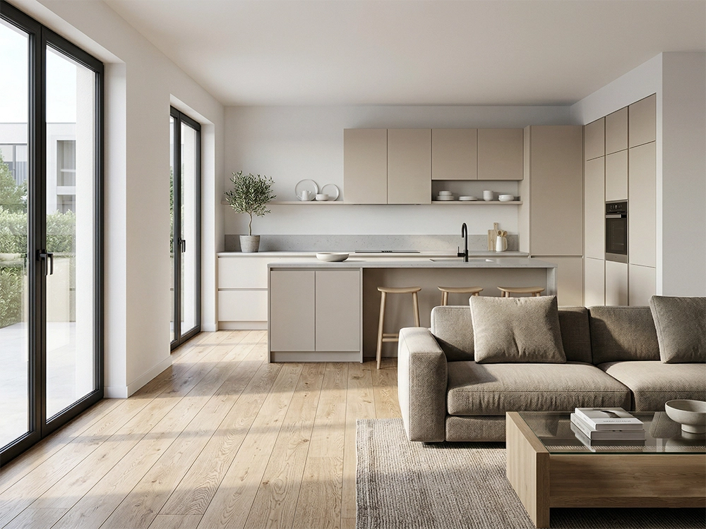 Светло-бежевый двухместный диван установлен на деревянном напольном покрытии перед кухонным гарнитуром.