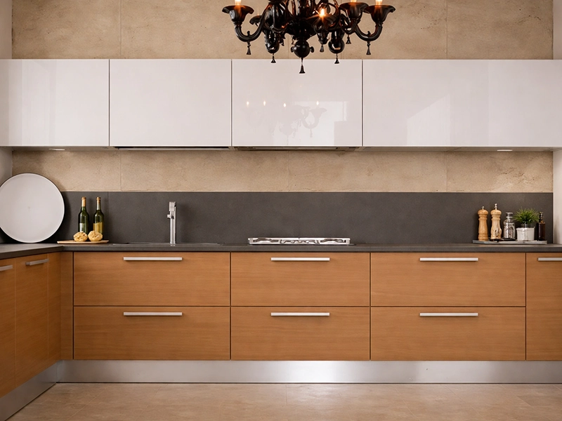 Серая столешница и фартук из бежевой плитки