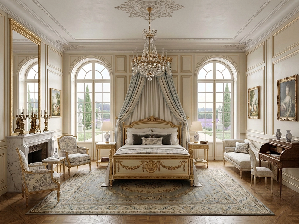 Спальня с кроватью под балдахином камином письменным столом и двумя арочными окнами