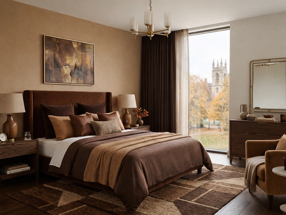 Двуспальная кровать с коричневым изголовьем, деревянные тумбы, светильники и кресло в спальне.