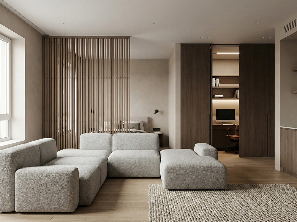 Серый диван и открытый шкаф с рабочим местом в комнате