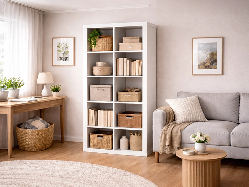 Яркий низкий стеллаж для хранения игрушек и детских книг в игровой зоне для маленьких детей