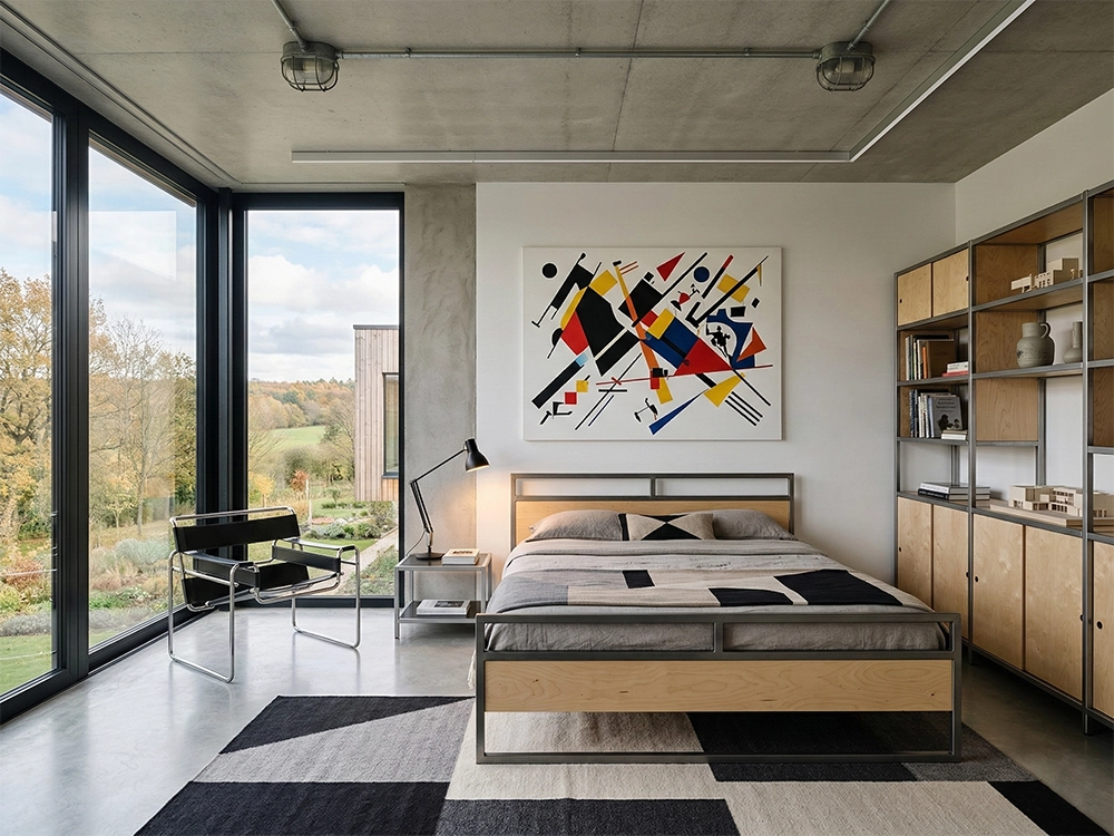 Деревянная кровать, металлический стеллаж, панорамные окна, абстрактная картина на фоне белой стены.